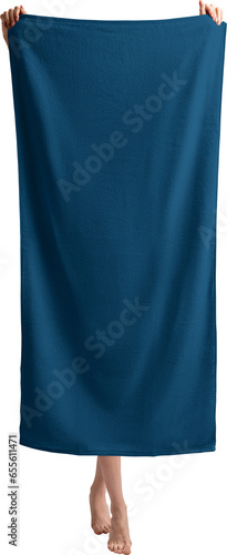 Mockup of a blue towel on a girl, covering up, full growth, front view, png © olegphotor