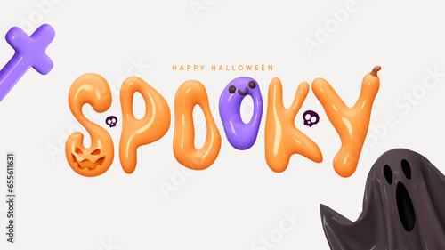 Happy Halloween day. Spooky Orange lettering text with black scary ghost. Halloween background. Realistic 3d design in plastic style. Vector illustration