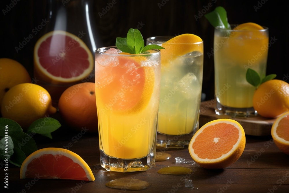 A refreshing drink adorned with fluffy topping and citrus fruits. Generative AI