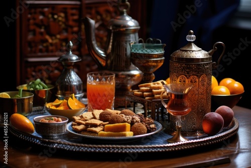 moroccan teapots, glasses, and traditional dessert on a carved tray