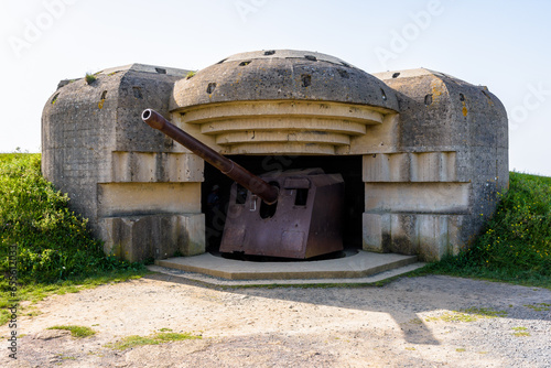 A bunker holding a 150 mm gun in the Longues-sur-Mer battery in Normandy, France, a WWII German coastal artillery battery part of the Atlantic Wall fortifications.