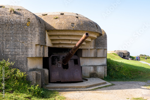 Two bunkers holding each a 150 mm gun in the Longues-sur-Mer battery in Normandy, France, a WWII German coastal artillery battery part of the Atlantic Wall fortifications. photo