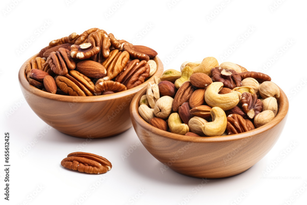 Couple of roasted and spiced nuts ideal for beer snacks isolated on white background Couple of roasted and spiced nuts ideal for beer snacks isolated on white background
