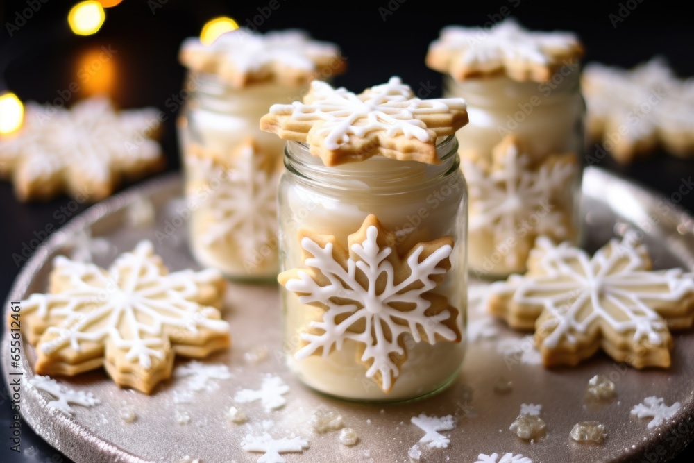 glass jar housing sugar cookies with snowflake icing