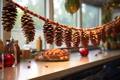 pine cone garlands strung across a kitchen counter
