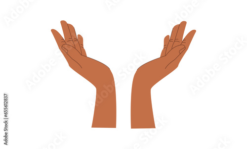 Hand drawn , hands illustration. Raised hands vector concept flat style. Volunteering charity, support, hope and peace. Vector human open hands isolated on white background for different design uses.