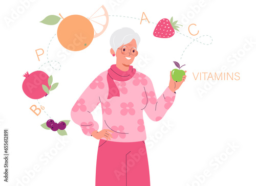 Happy elderly woman with an apple in her hand. Healthy lifestyle for old. Healthy nutrition for old people and active longevity concept.