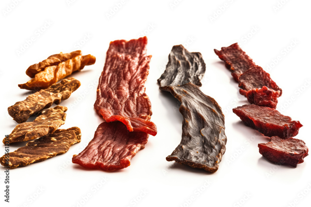 Exhibit of assorted flavored beef jerky strips isolated on white background Exhibit of assorted flavored beef jerky strips isolated on white background