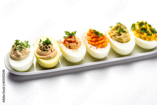 Assortment of gourmet deviled eggs ideal for beer snacks isolated on white background 