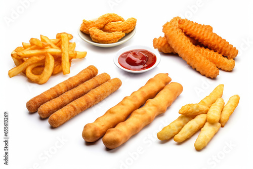 Collection of mixed deep-fried bar snacks: onion rings mozzarella sticks spring rolls isolated on white background 