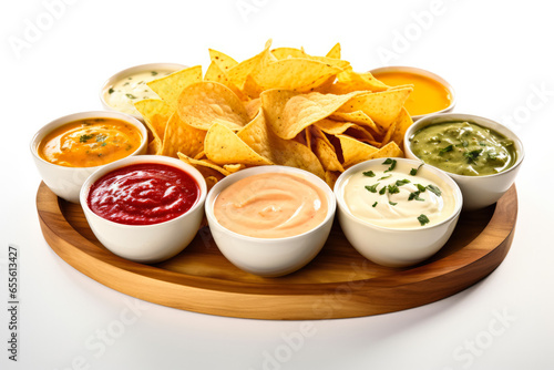 Display of multiple kinds of gourmet nachos with various beer-cheese dipping sauces isolated on white background 