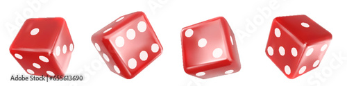 Playing bones of red color on a white background. Pipped dices with rounded corners.  isolated 3d realistic vector