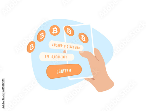 Sending Bitcoin from e-wallet to paper wallet. Verify recipient address, fee, confirm transaction in BTC wallet app. Pay by cryptocurrency vector illustration isolated on white background with icon