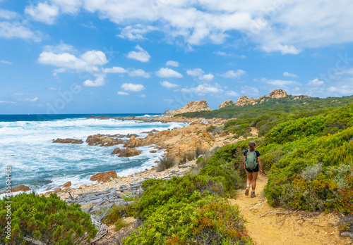 Obraz na płótnie Corse (France) - Corsica is a big touristic french island in Mediterranean Sea, with beautiful beachs and mountains. Here a view of the Sentier du littoral from Campomoro w salonie