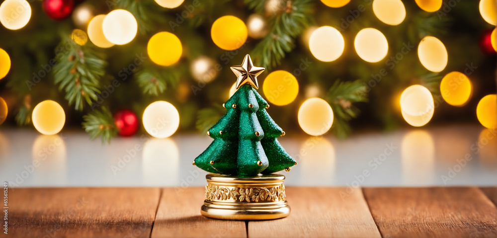 A green and golden Christmas tree miniature ornament on a wooden tabletop.  soft natural lighting, macro details, vibrant colors, bokeh background, 