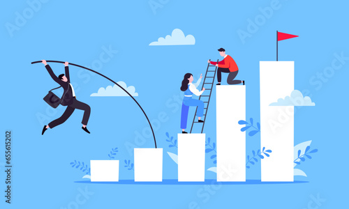 Businessman jumps pole vault over graph bars flat style design vector illustration business concept. Business growth and goal achievement concept.
