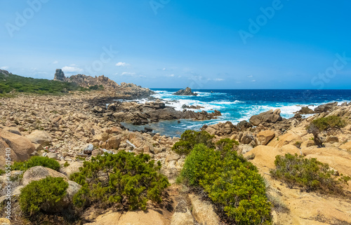 Corse  France  - Corsica is a big touristic french island in Mediterranean Sea  with beautiful beachs and mountains. Here a view of the Sentier du littoral from Campomoro