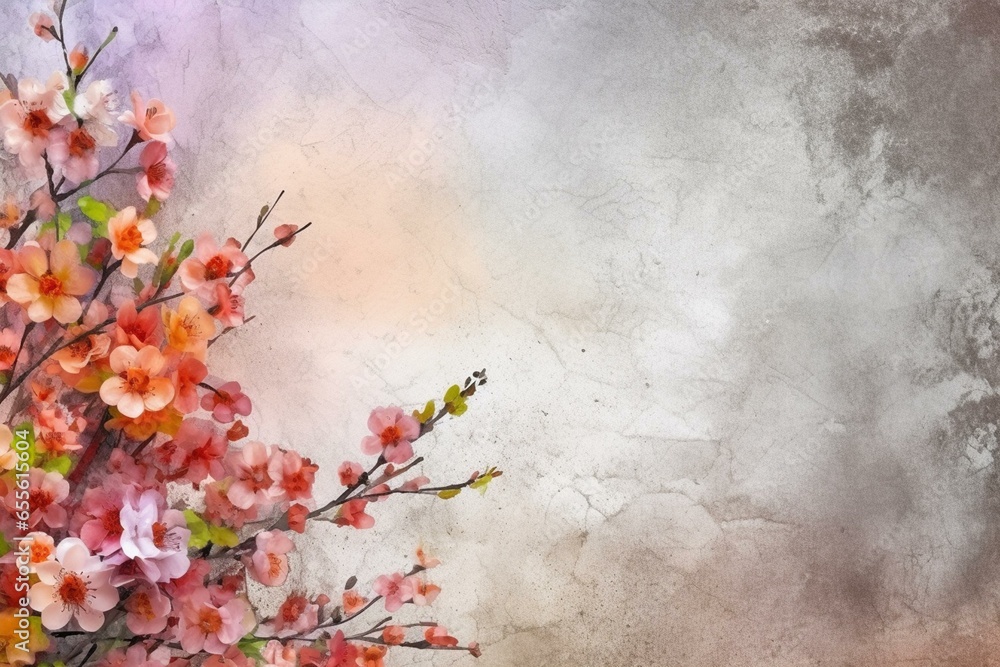 Spring flowers on paper with empty space, artistic background. Artwork. Generative AI