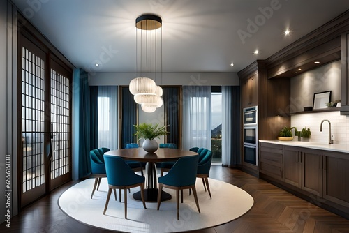 blue dark house interior with open kitchen and dining room with round table