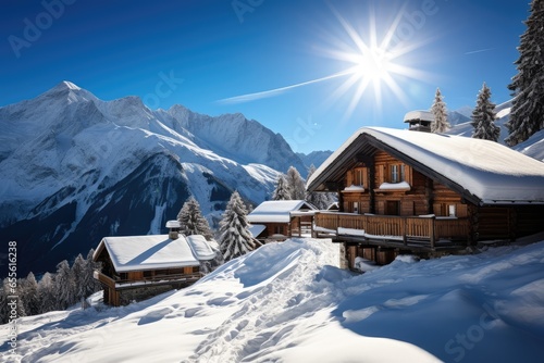 Winter ski chalet and cabin in snowy mountain landscape in photo
