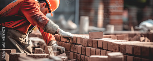 Close up hands of bricklayer, construction worker laying bricks,