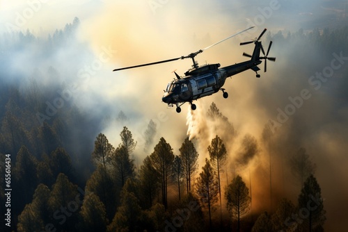 Helicopter fighting forest fire with water in Povoa de Lanhoso  Portugal. Generative AI