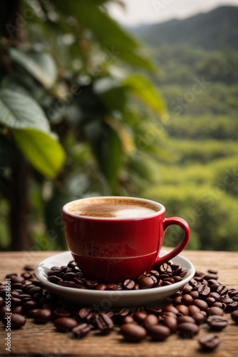 Coffee cup with coffee beans on wooden table in coffee plantation