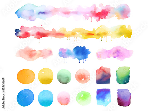 Éclaboussure d'aquarelle. Tache ronde de couleur aquarelle, texture de peinture au pinceau, tache d'encre, ensemble arc-en-ciel jaune, bleu et rouge, tache abstraite dégradé aquarelle. Éléments isolés