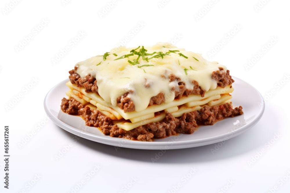The layers of pasta, creamy bechamel sauce, and rich meat sauce in a freshly baked pasticcio on isolated on white background. Generative Ai The layers of pasta, creamy bechamel sauce, and rich meat sauce in a freshly baked pasticcio on isolated on white background. Generative Ai