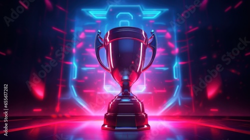 E-Sports winner trophy with red neon lights blurred background. photo