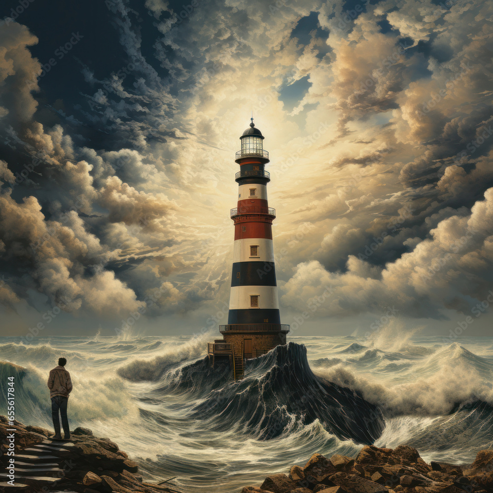 An illustration of a lighthouse on a cliff against the backdrop of a raging ocean and beautiful clouds, Generative AI