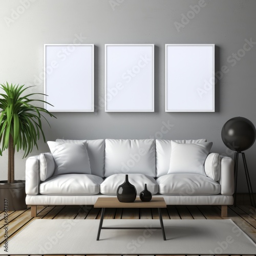 Blank picture frame mockup with luxury sofa on living room. Generative AI