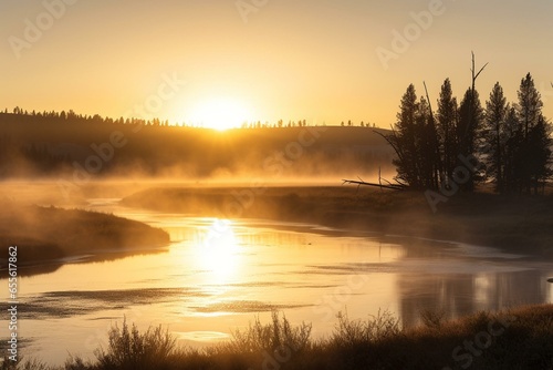 Scenic view of Yellowstone River at sunrise, in Hayden Valley, Yellowstone National Park, Wyoming, USA. Generative AI
