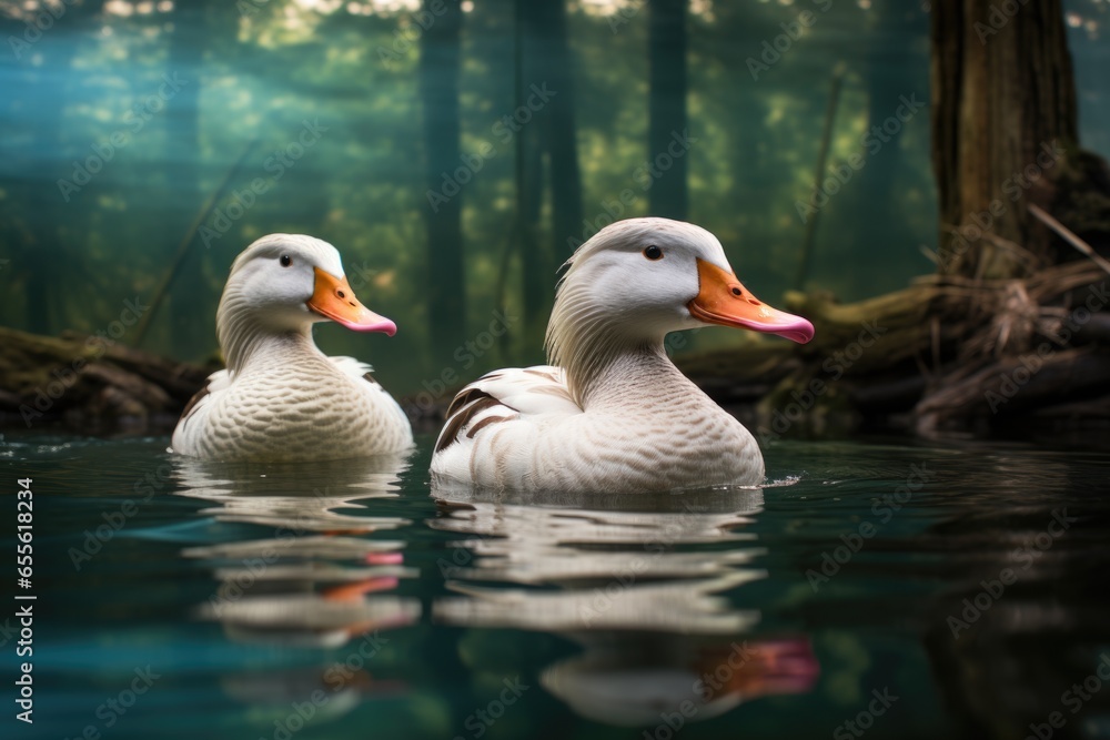 two ducks swimming side by side in a pond