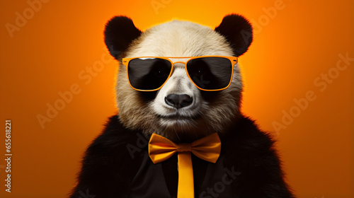 Portrait of panda with sunglasses wearing suit