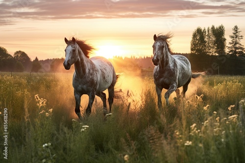 Fototapete horses galloping together in a meadow during sunrise