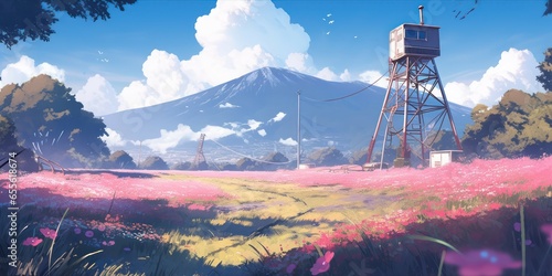 pink flowers field landscape with beautiful sky in digital art painting style 