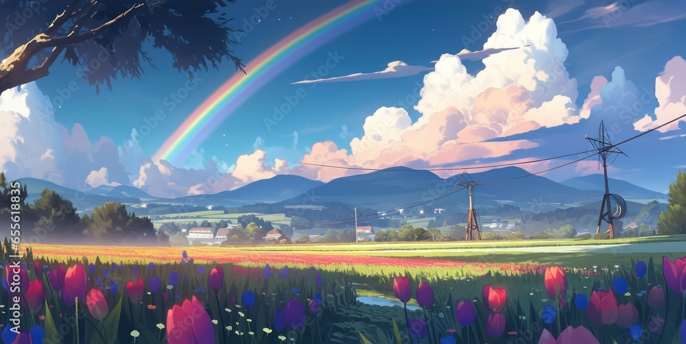 Naklejka premium Rainbow with beautiful sky and land of fantasy in digital painting art illustration style,Rainbow with landscape 