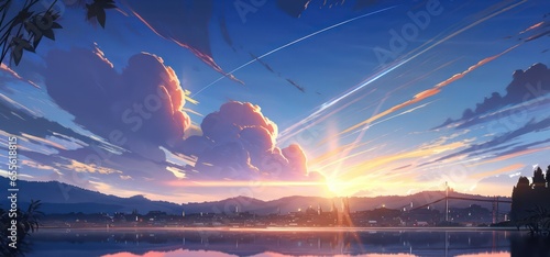 sunset over the lake with stunning view in digital art painting style 