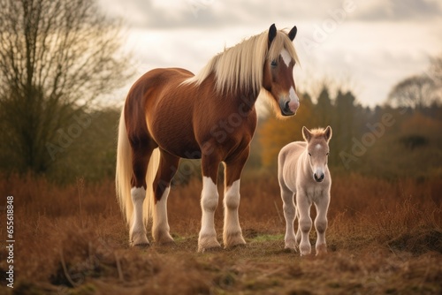 a large horse next to a small pony in a field