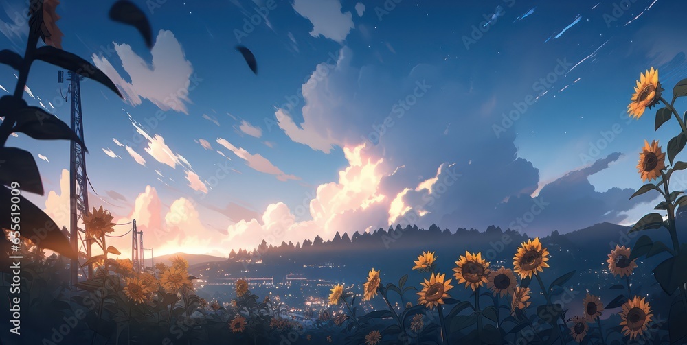 Illustration of sunflower,Sunflower field with beautiful sky in digital art painting illustration  - obrazy, fototapety, plakaty 