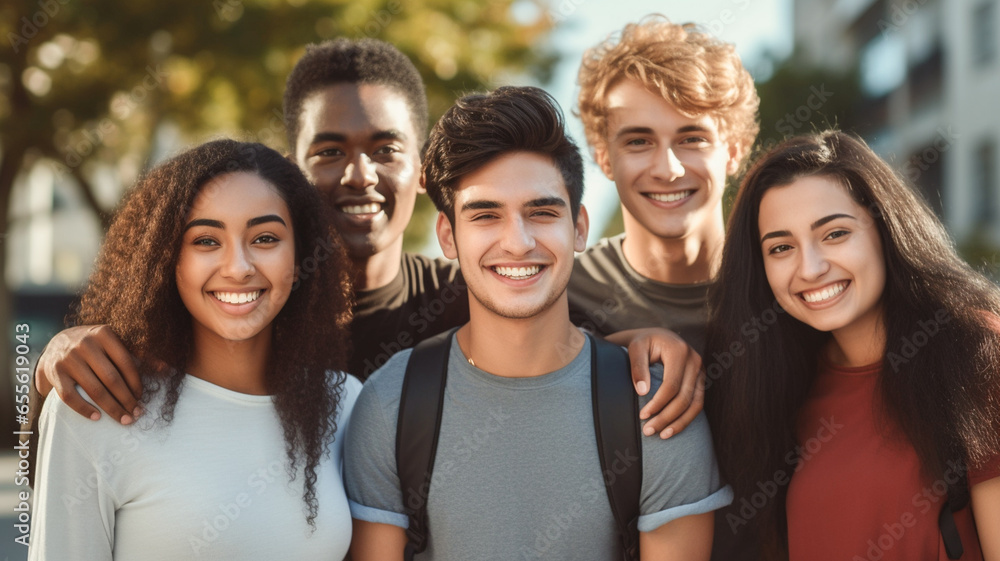 Diverse group of young friends having fun together outdoors in summer. Millennial student people laughing looking at camera standing together outdoor.
