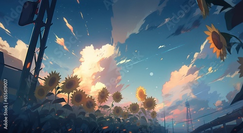 Illustration of sunflower,Sunflower field with beautiful sky in digital art painting illustration 