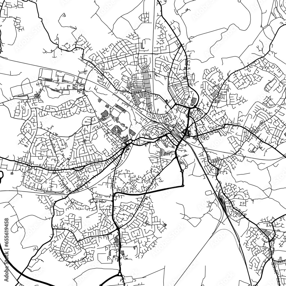 1:1 square aspect ratio vector road map of the city of  Wigan in the United Kingdom with black roads on a white background.