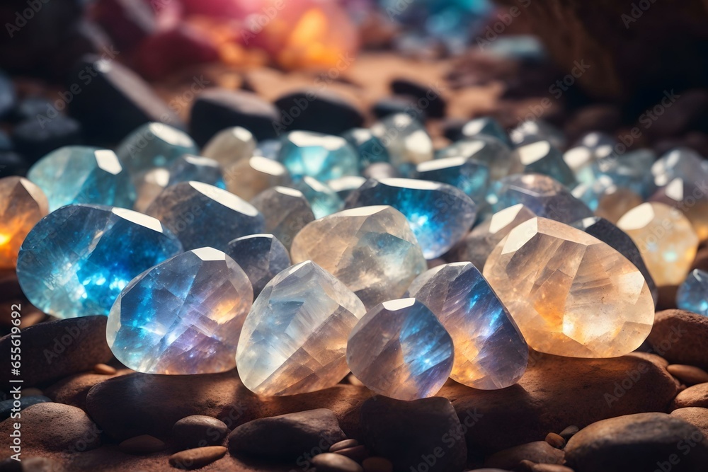 Group of Rainbow Moonstone stones in the cave. This stone can improving our emotional balance and aligning our chakras. Healing stone. Group of Rainbow Moonstone stones in the cave. This stone can improving our emotional balance and aligning our chakras. Healing stone.