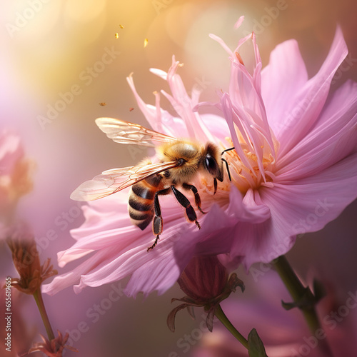 Clos-up Bees fly around on sakura in a pink light blossom flowers, movie style.