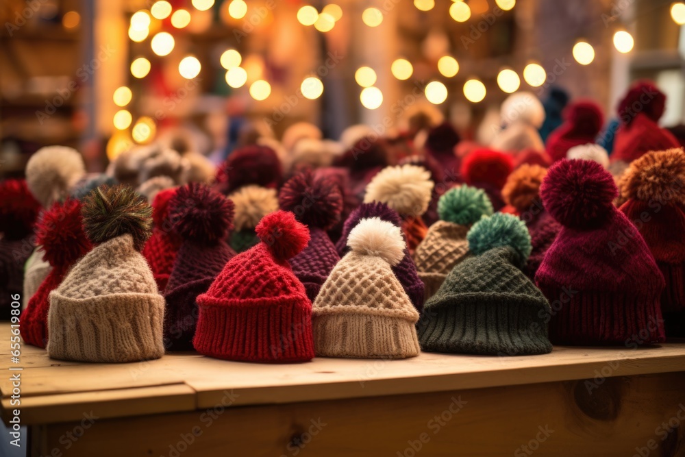 woolen christmas hats arranged on a stall - obrazy, fototapety, plakaty 
