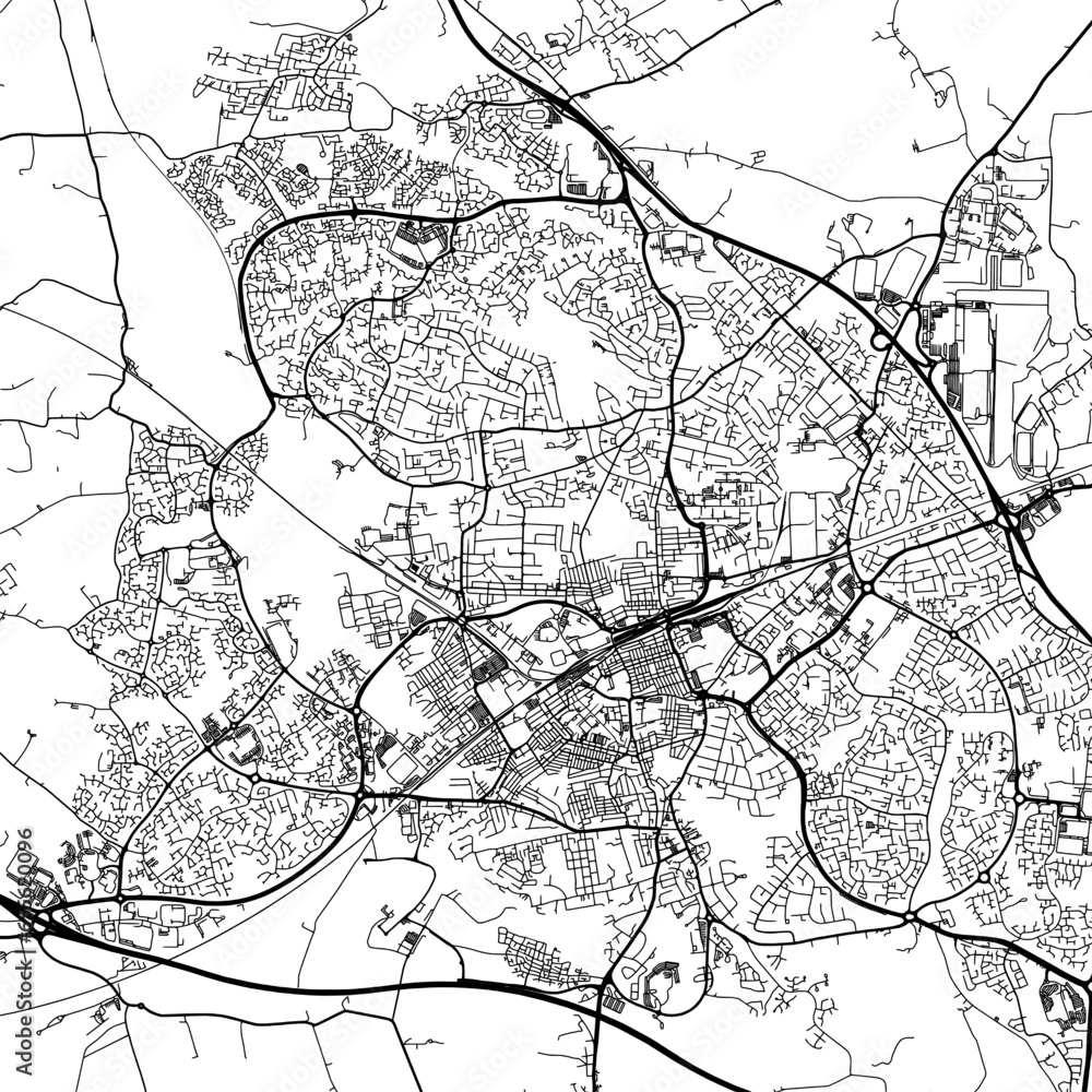 1:1 square aspect ratio vector road map of the city of  Swindon in the United Kingdom with black roads on a white background.
