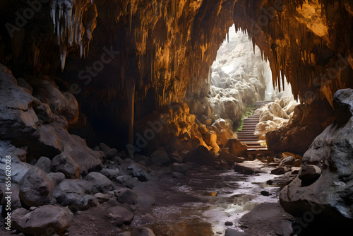 Cave stunning stalactites and underground rivers