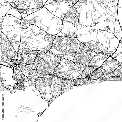 1:1 square aspect ratio vector road map of the city of Bournemouth in the United Kingdom with black roads on a white background.